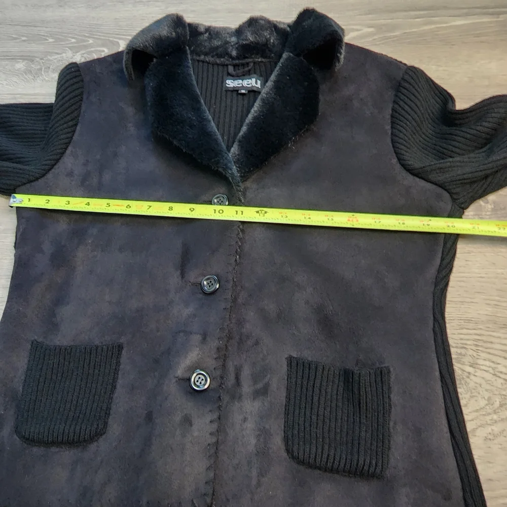 SEEU Black Ribbed Knit Faux Fur Button Down Sweater Jacket - Picture 11 of 16